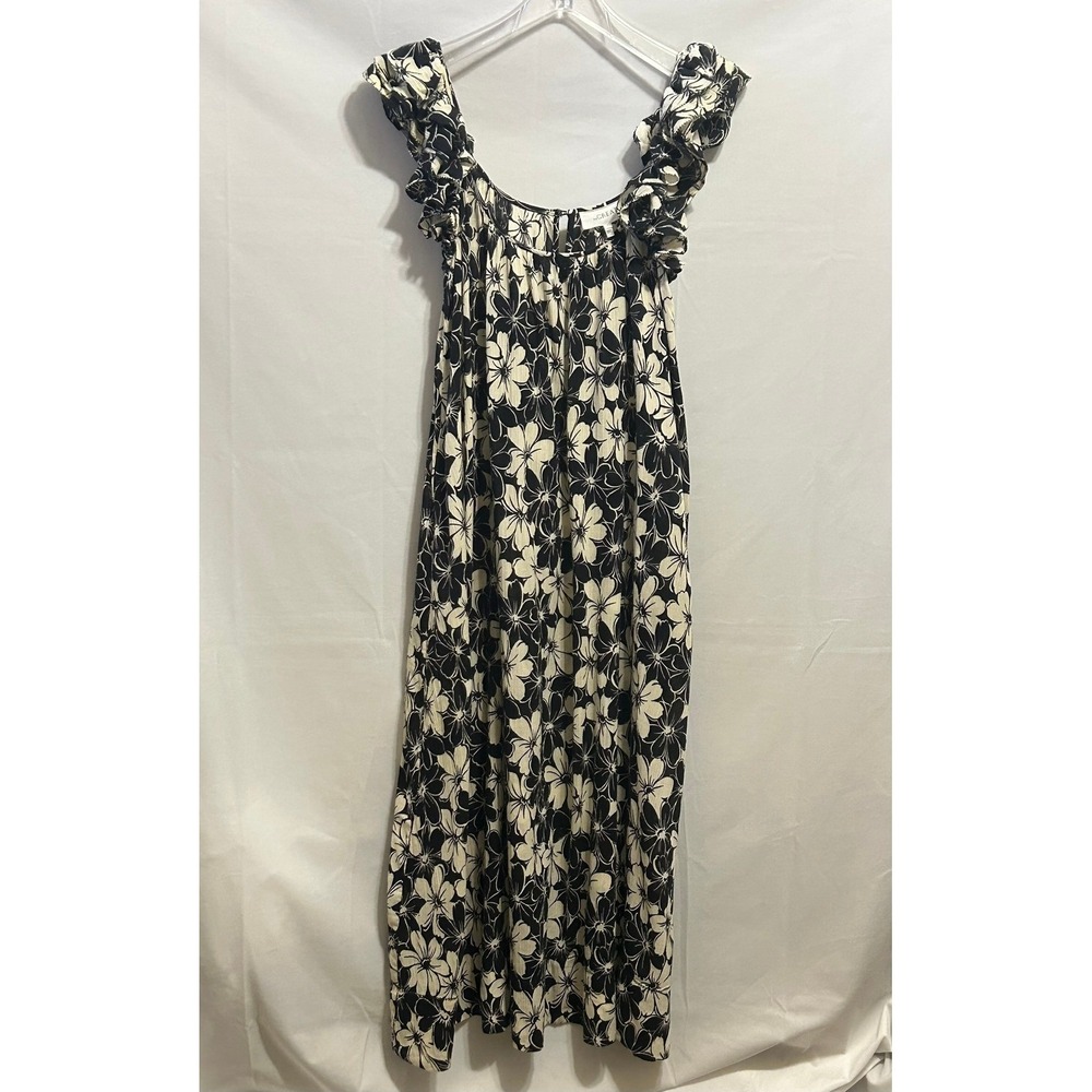 The Great Black White Floral Ruffle Maxi Dress Scoop Neck Size 1 - Small - Picture 3 of 16
